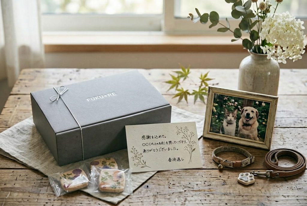 お菓子の詰め合わせギフトとメッセージカード、犬猫の写真や首輪が並ぶ、ペットのお悔やみ贈り物イメージ