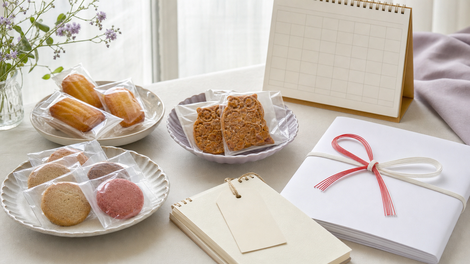 開店祝いのお菓子選びで迷う様子を表したイメージ