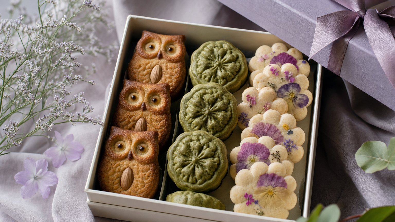縁起のよいフクロウとフラワーシャワーのお菓子
